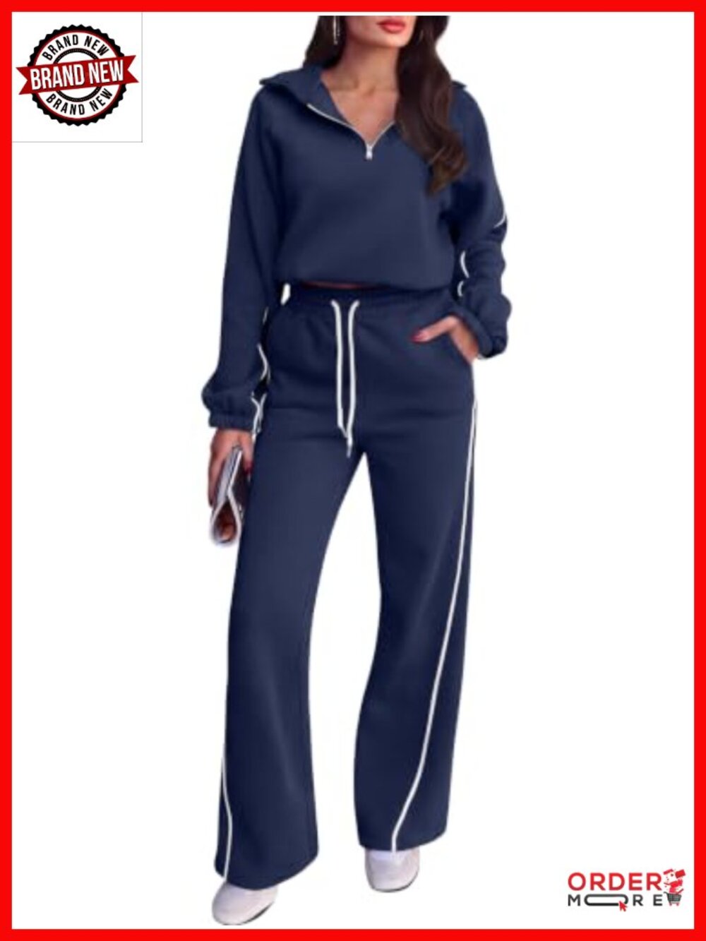 2 Piece Quarter Zip Fleece Striped Sweatsuit Set Wide Leg Pants